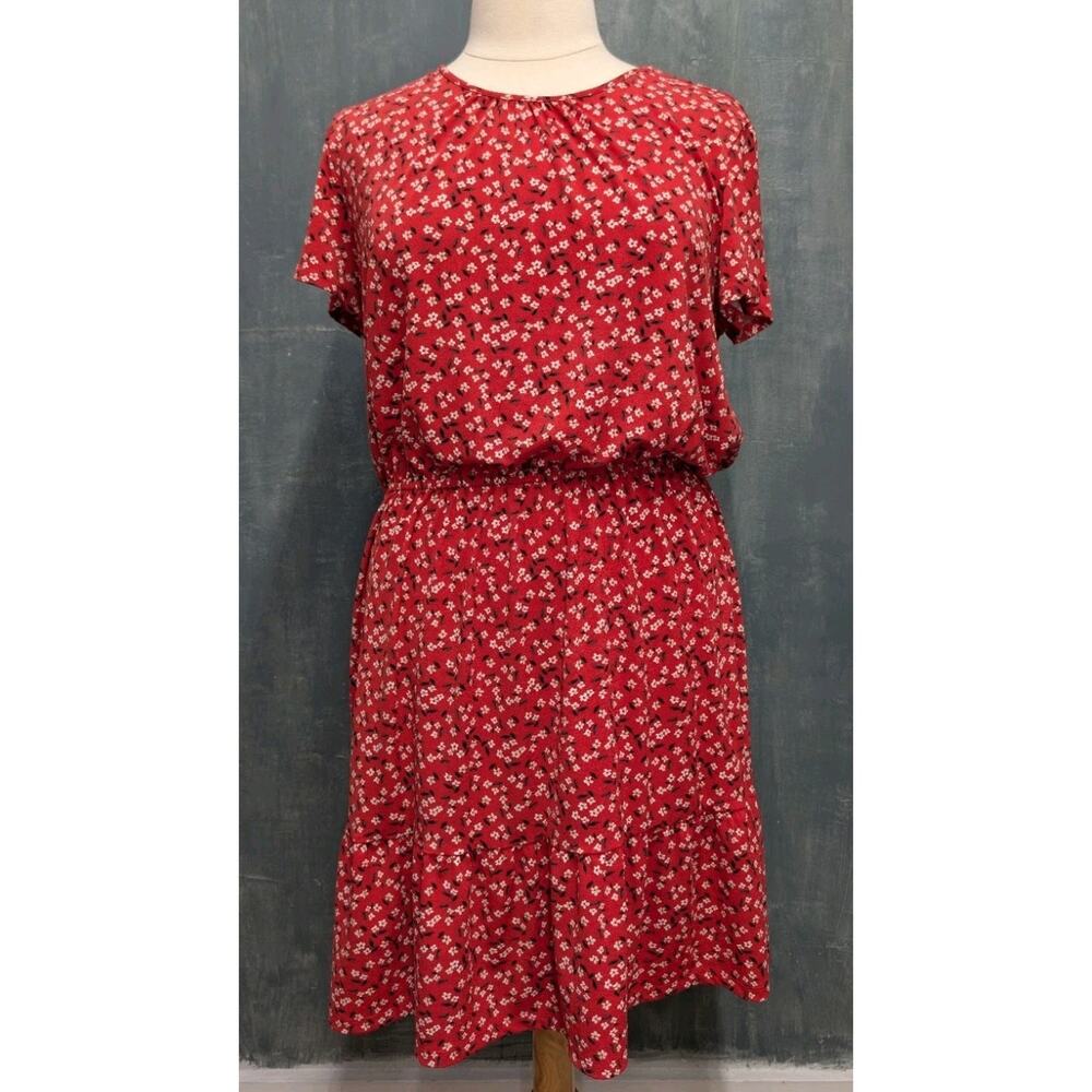 Banana Republic XL Red Ditsy Floral Midi Dress Stretch Knit Ruffle Elastic Waist - Picture 2 of 7